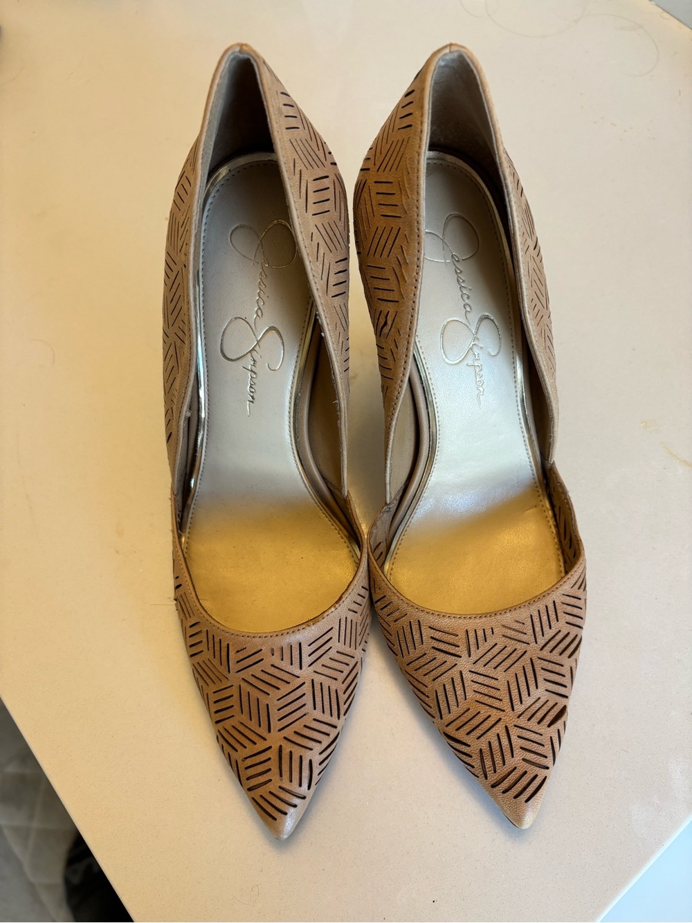 Jessica Simpson Taupe Laser-Cut Pointed Pumps